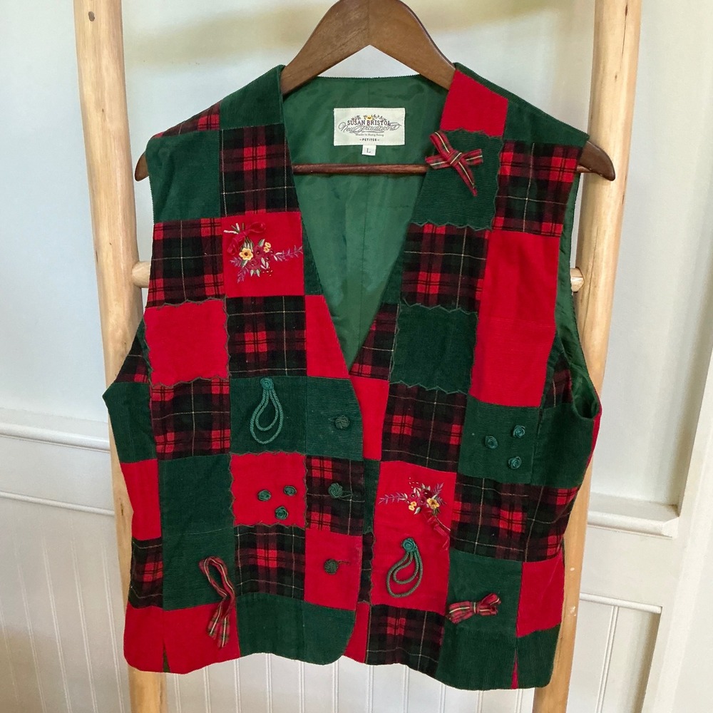 Susan Bristol Vintage Patchwork Corduroy Plaid Christmas Vest Red Green Large P
